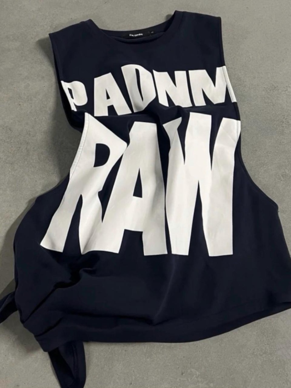 PA DNM raw navy sleeveless oversized asymmetrical graphic top